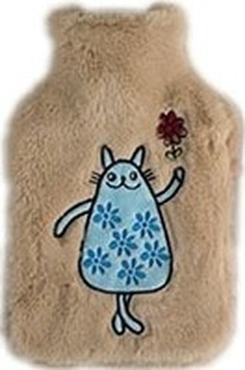Goedkoopste Lichtbruine kruik met blauwe kat/poes 2 liter - Warmwaterkruik met pluche hoes/kruikenzak