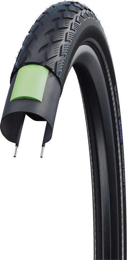Detail van Schwalbe Green Marathon fietsband met groen beschermingslaagje.
