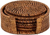 TISECO HOME STUDIO - Glasonderzetter RATTAN - SET/6 - 100% rotan - Handgeweven, hittebestendig, duurzaam - Rond - Dia 10 cm - Donkerbruin