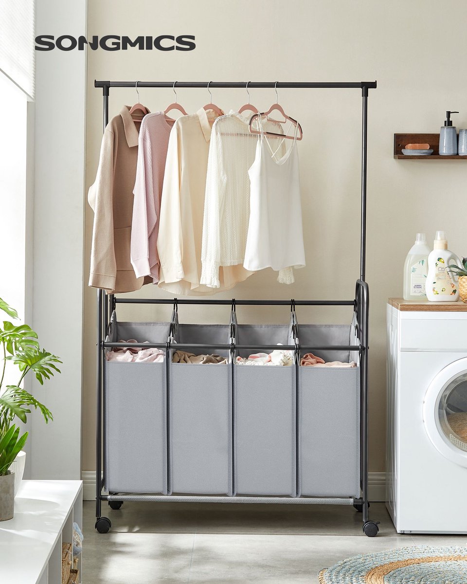 Rootz Living Rootz Grijze Wastrolley Kledingrek Rolwagen Gepoedercoat staal 600D Polyester Kunststof wielen 108cm x 44cm x 172cm Lichtgewicht Ruim Eenvoudige montage