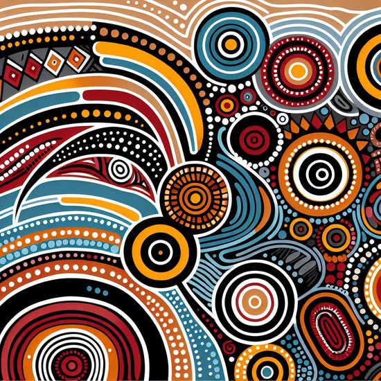 Pop art aboriginal schilderij | Indigenous Icons: A Vibrant Fusion of Pop and Aboriginal Art | Kunst - 80x80 centimeter op Dibond | Foto op Dibond