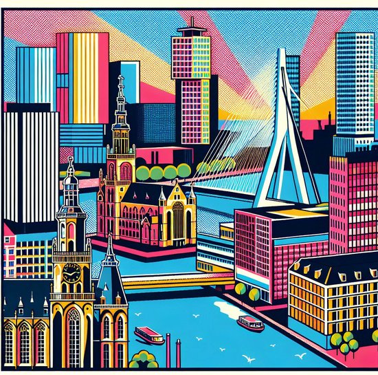 Pop art rotterdam schilderij | Rotterdamse pop art: een stedelijke ode aan kunst en inspiratie | Kunst - 60x60 centimeter op Canvas | Foto op Canvas