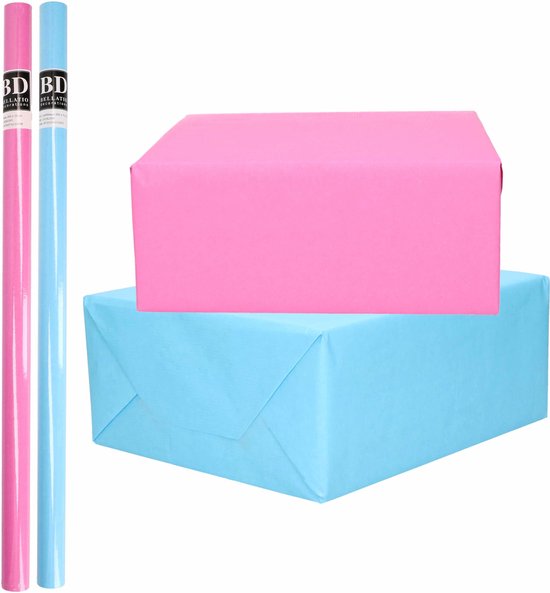 6x Rollen kraft inpakpapier pakket roze en blauw babyshower/geboorte/gender reveal 200 x 70 cm/cadeaupapier/verzendpapier