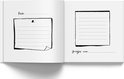 Open boek met twee lege pagina's. Links een vierkant met lijnen, vastgezet met een punaise en 'Beste'. Rechts een vierkant met lijnen en 'Groetjes van'.