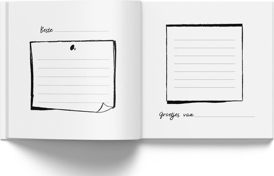Open boek met twee lege pagina's. Links een vierkant met lijnen, vastgezet met een punaise en 'Beste'. Rechts een vierkant met lijnen en 'Groetjes van'.