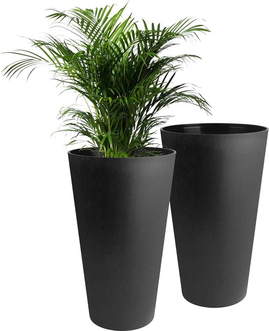 Set de 2 Pots de fleurs noirs de 30 cm de haut pour l'intérieur et l'extérieur, adaptés au balcon et à la terrasse.