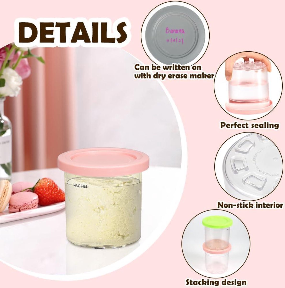 Creami Deluxe Tubs, 4 Ice Cream Pint Containers 24oz en Deksels voor