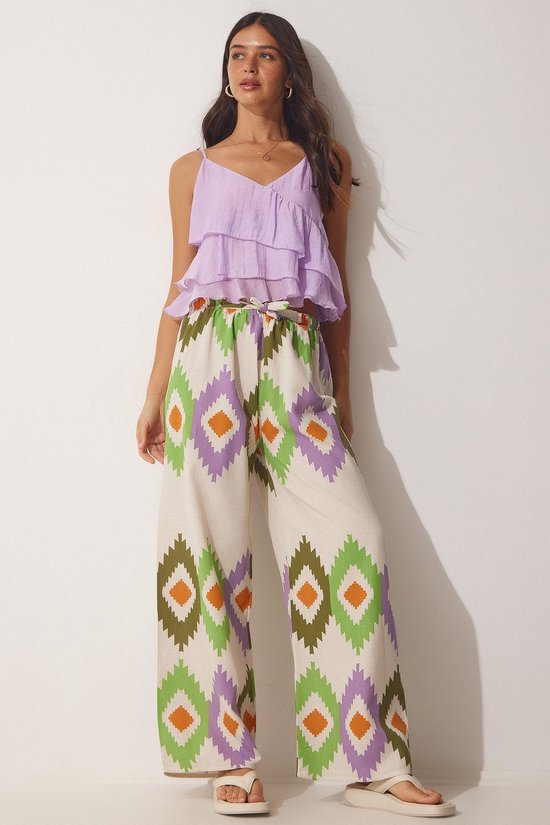 Pantalon palazzo en lin fleuri vert creme pour femme BH00385 bol