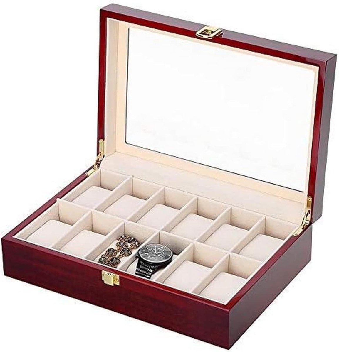 Horlogedoos met 12 vakken - Massief houten horlogedoos met glazen deksel - Horlogekoffer met uitneembare horlogekussens