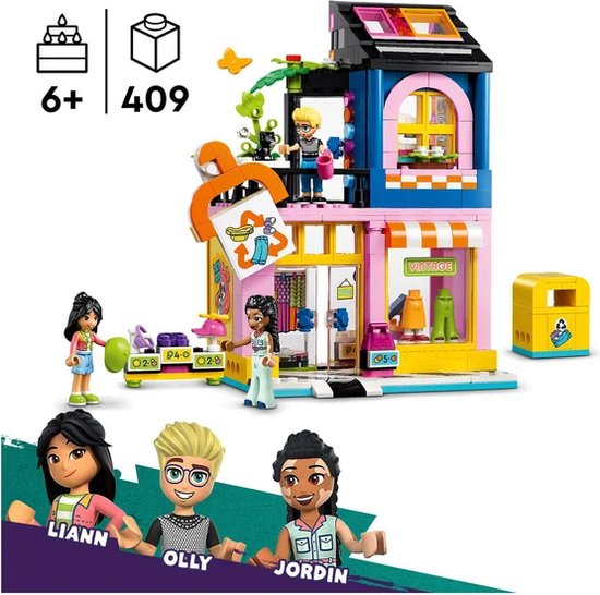 Magasin de vêtements vintage LEGO Friends avec figurines, y compris Olly, Lianna et Jordin.