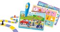 Blauwe interactieve pen en educatieve kaarten met een verkeersscène, objecten en een spelbord.