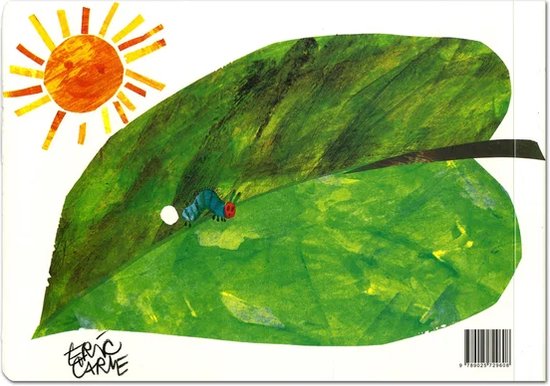 Een grote groene bladluis met een kleine blauwe rups en een wit ei erop. Een zonnetje schijnt.