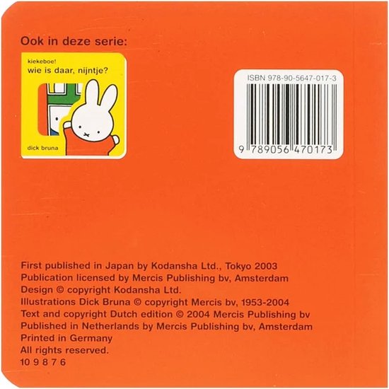 Achterkant van een boek met oranje kaft. Tekst 'Ook in deze serie:', een afbeelding van Nijntje en een barcode.