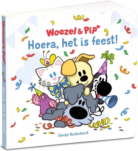 Boekje 'Hoera, het is feest!' met Woezel & Pip en vriendjes, confetti en slingers.