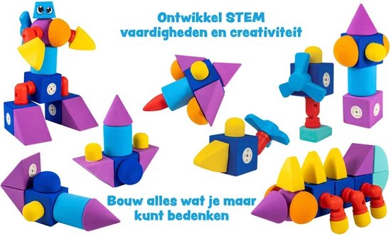 Verschillende magnetische constructies van Blockaroo: robot, raket, molen, helikopter en spin.