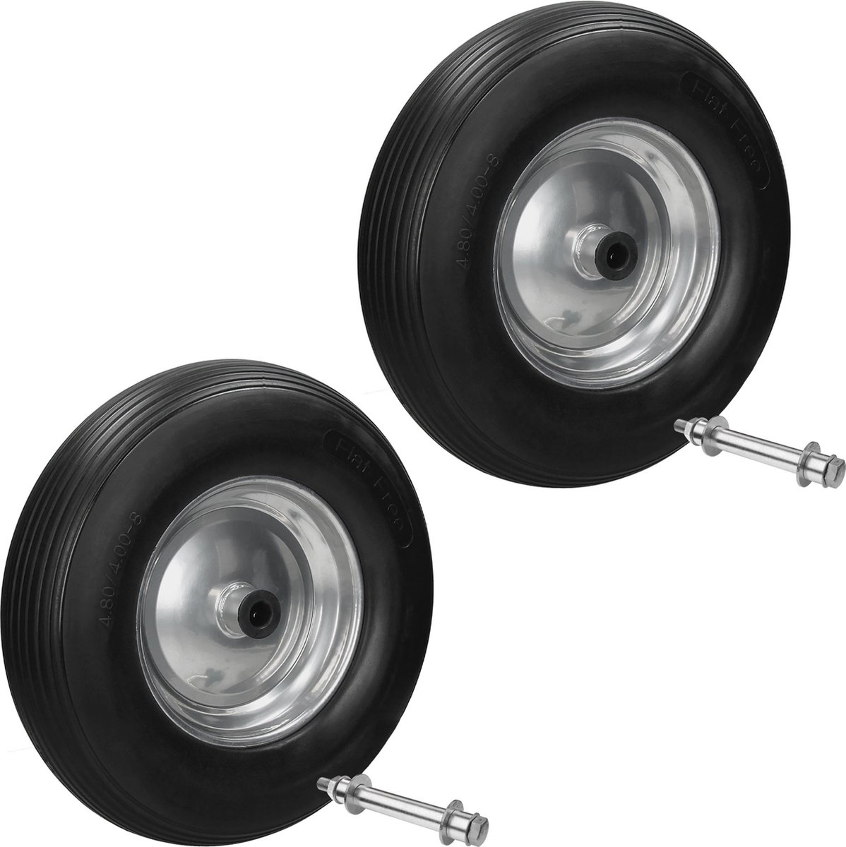 Set van 2 kruiwagenwielen 390 mm 4.80/4.00-8 met as, gestreept profiel, zwart, van PU-massief rubber