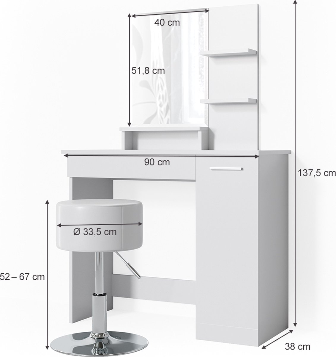 Houten kaptafel wit met LED-verlichte spiegel en kruk - 80x40x137 cm Houten kaptafel wit met LED-verlichte spiegel en kruk - 80x40x137 cm