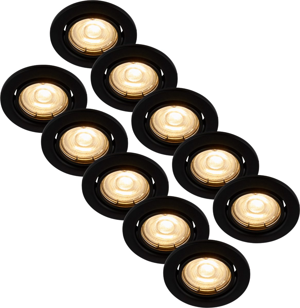 Inbouwspot zwart rond kantelbaar- Met GU10 Fitting en dimbare GU10 LED lamp - 10 stuks