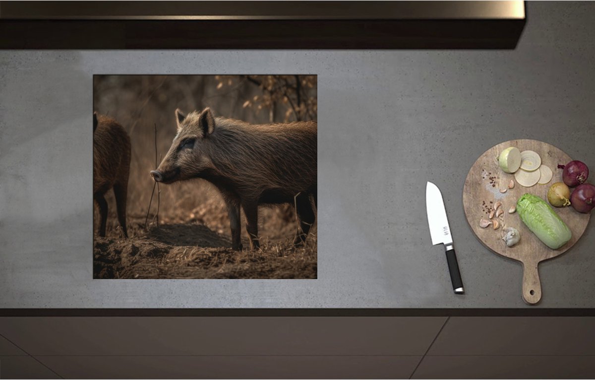 Inductieplaat Beschermer - Bruine zwijnen in een bos omgeving - 57x52 cm - 2 mm Dik - Inductie Beschermer - Bescherming Inductiekookplaat - Kookplaat Beschermer van Wit Vinyl