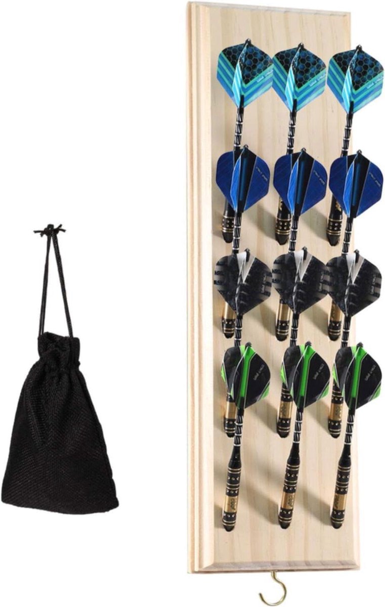 Wandgemonteerde darthouder massief houten - opbergtas voor 12 zachte of stalen tip darts - metalen haken - accessoires - originele houtkleur