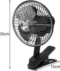 Zwarte Xtrobb ventilator met chromen grill, clipbevestiging. Afmetingen: 18cm diameter, 26cm hoog, 15cm breed.