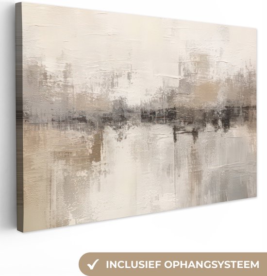 Peinture abstraite beige, grise et noire avec reflets. Système de suspension inclus.