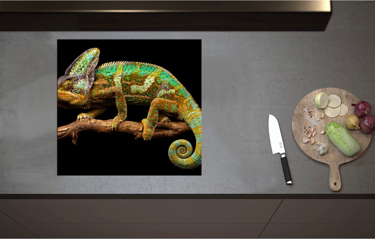 Inductieplaat Beschermer - Bruin groene kameleon staat op tak - 58x55 cm - 2 mm Dik - Inductie Beschermer - Bescherming Inductiekookplaat - Kookplaat Beschermer van Wit Vinyl