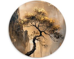 WallCircle® Wandcirkel 60x60 cm - Muurcirkel Boom - Goud - Landschap - Verf - Natuur - Modern - Muurdecoratie woonkamer - Wanddecoratie slaapkamer - Kamer decoratie accessoires - Ronde schilderijen - Woonaccessoires binnen cirkel