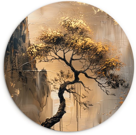 WallCircle® Wandcirkel 60x60 cm - Muurcirkel Boom - Goud - Landschap - Verf - Natuur - Modern - Muurdecoratie woonkamer - Wanddecoratie slaapkamer - Kamer decoratie accessoires - Ronde schilderijen - Woonaccessoires binnen cirkel