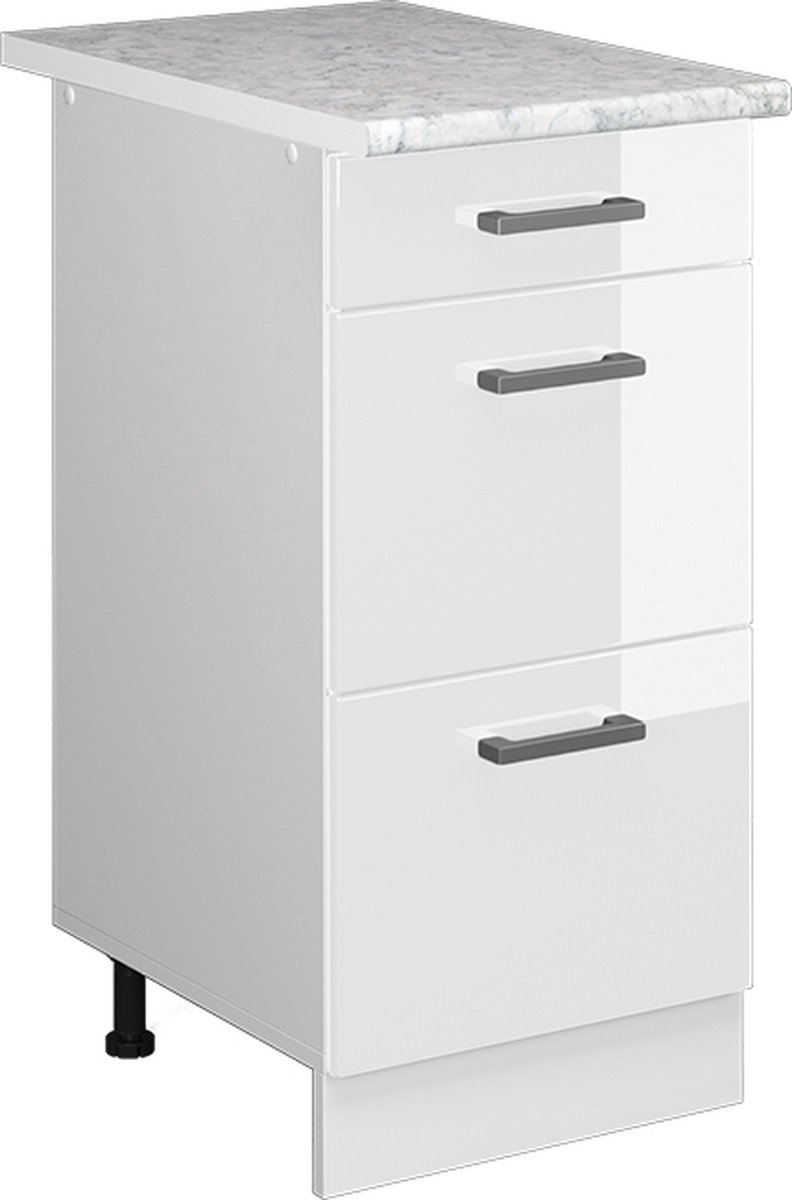 Vicco R-Line Keukenonderkast – 40 cm met laden, met marmeren werkblad Wit Hoogglans