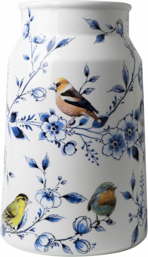 Melkbus vaas - Heinen Delfts Blauw - Bosvogels - Keramiek - Hoogte 30 cm.