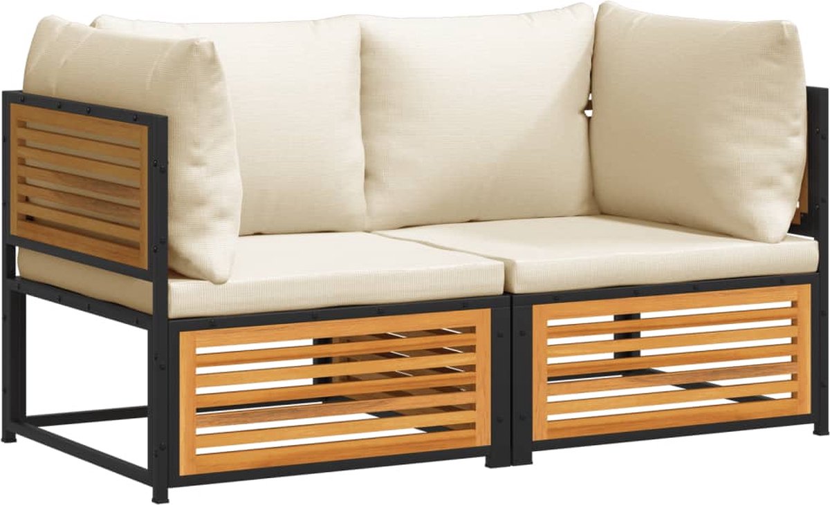 vidaXL 2-delige - Loungeset - met - kussens - massief - acaciahout crèmewit