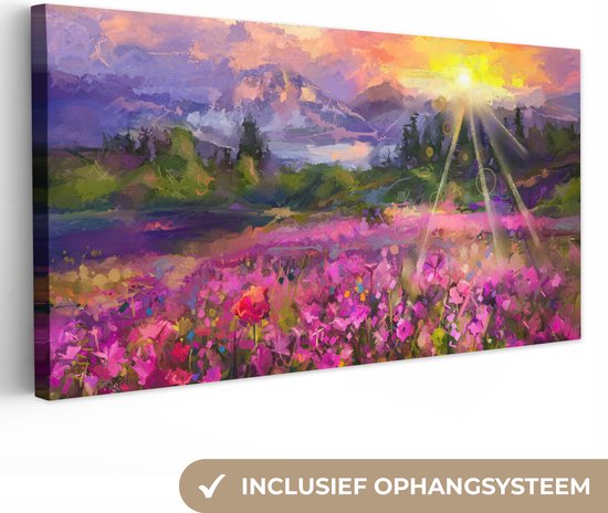 Canvas - Schilderij - Olieverf - Bloemen - Zon - Natuur - 40x20 cm - Schilderijen op canvas - Wanddecoratie