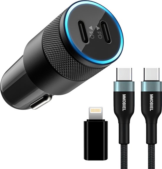 MMOBIEL 2 poort Autolader 40W met USB-C Kabel en Lightning Adapter Geschikt voor Smartphones / Tablets - Telefoon Oplader - Snellader - Zwart