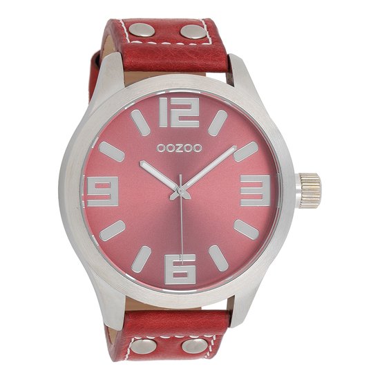OOZOO Timepieces - Zilverkleurige horloge met koraal rood leren band - C1009