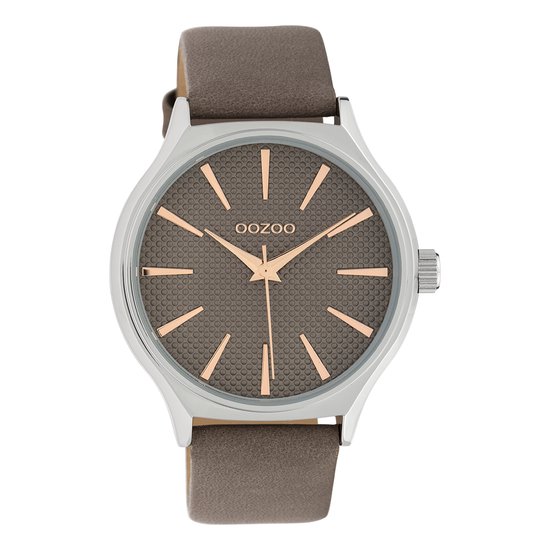 OOZOO Timepieces - Zilverkleurige horloge met taupe leren band - C10108