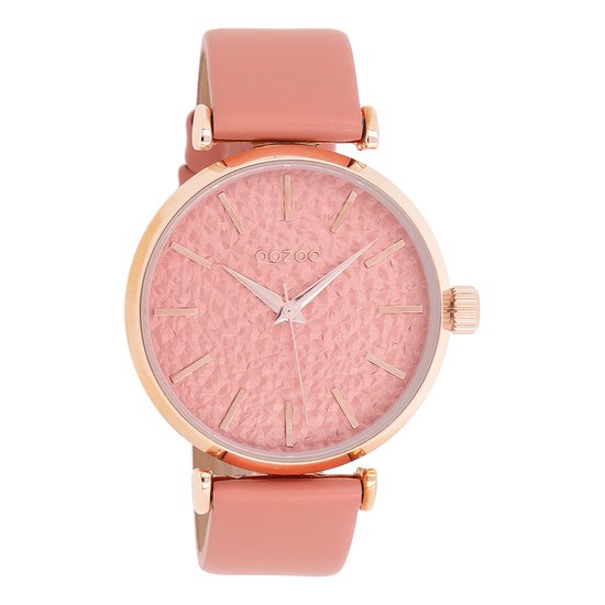 OOZOO Timepieces - Rosé goudkleurige horloge met perzik roze leren band - C9667