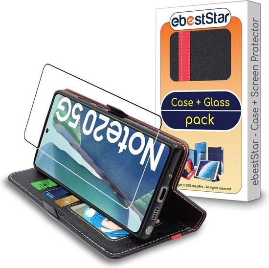 ebestStar - Coque compatible avec Samsung Galaxy Note20 (4G, 5G), Etui Portefeuille, Housse Pochette Protection PU Cuir, Porte Carte, Noir / Rouge + Verre Trempé