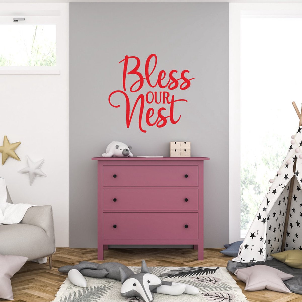 MC Living Muursticker - Bless Our Nest - 46,4 x 50,4 - Rood