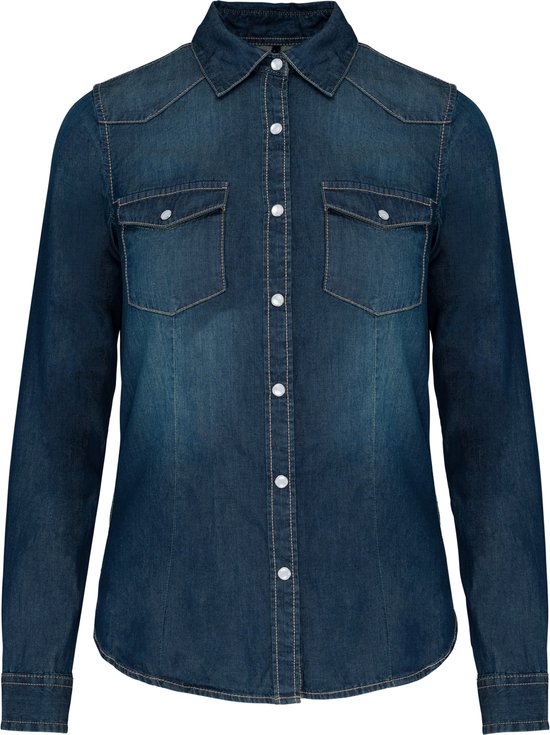 Yeokou Verontruste herfst losse baggy lange denim jeans trucker shirt jas voor dames (blauw-XXL