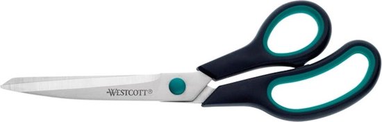 Ciseaux Westcott avec poignées noires et turquoise, lame en acier inoxydable avec logo "WESTCOTT".
