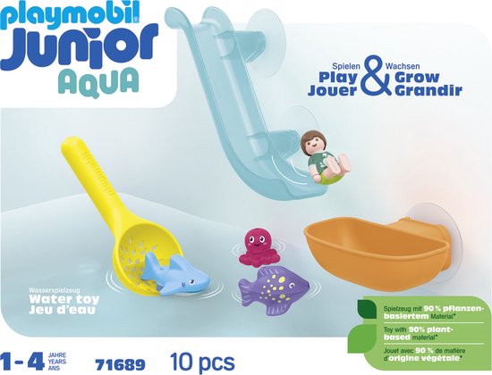 Playmobil Junior Aqua waterspeelgoed: gele schep met blauwe haai, oranje bakje, paarse vis en rode octopus. Van 90% plantaardig materiaal.