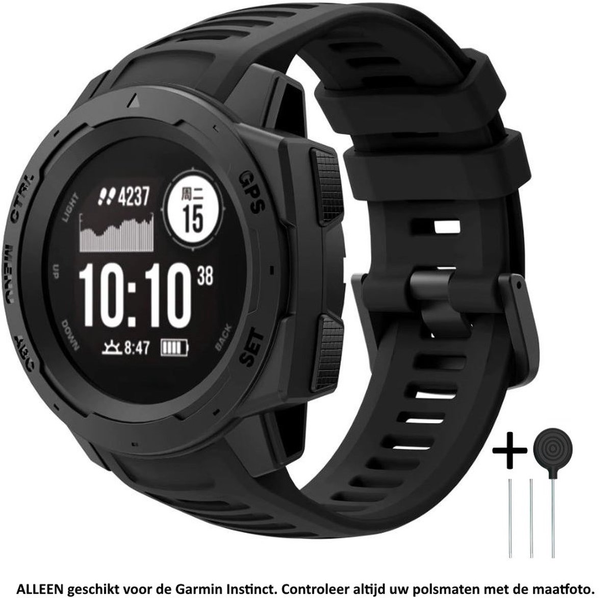 Zwart Siliconen Horlogebandje geschikt voor Garmin Instinct - Maat: zie maatfoto - smartwatch strap - band - horlogeband - wearable - polsbandje - black rubber