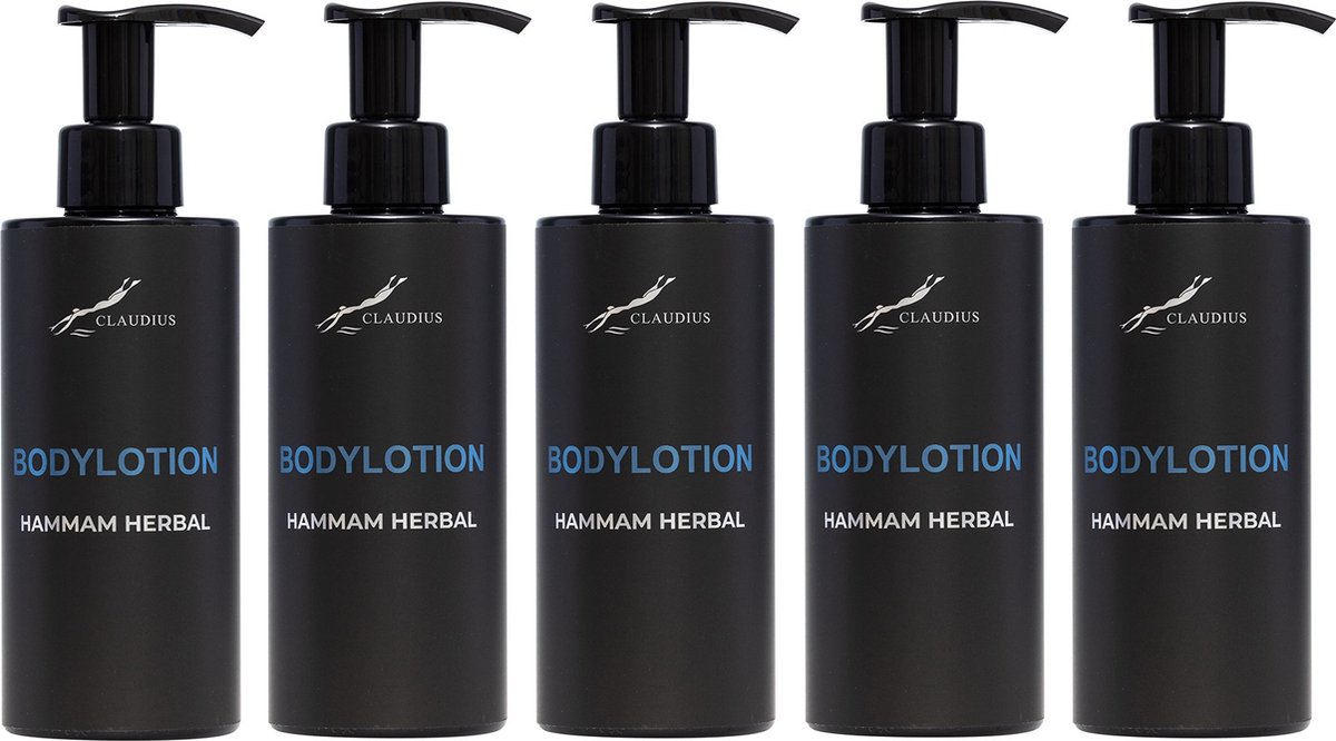 Bodylotion Hammam Herbal 300 ml - met pomp - zwarte fles - set van 5 stuks - Voordeelverpakking