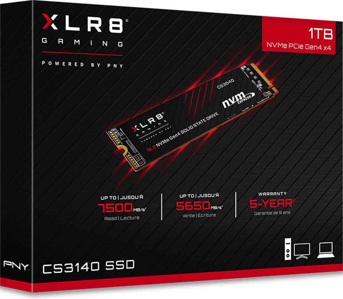 SSD NVMe Gen4 PNY CS3140 1To - Vitesse 7500 Mo/s, Idéal Gaming Et Rendu Vidéo - 10