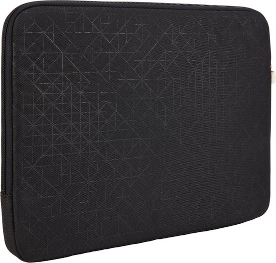 Zwarte laptophoes met subtiel geometrisch patroon en ritssluiting.