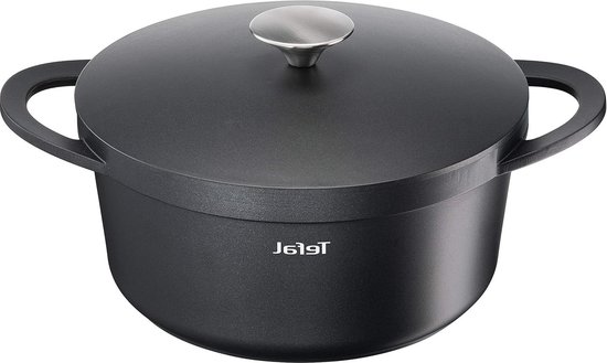 Zwarte braadpan met deksel, twee handvatten en een zilverkleurige knop. Tefal logo zichtbaar.