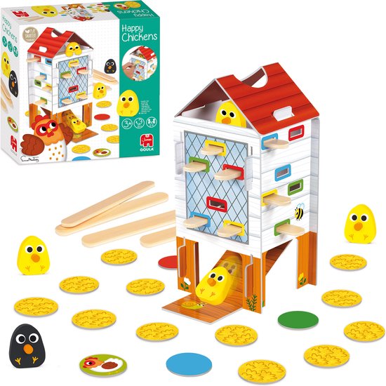 Kippenhok spel met gele kuikens en een zwarte kip, omringd door eivormige tegels op een houten ondergrond.