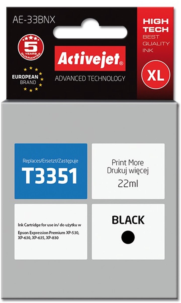 Activejet AE-33BNX inkt (vervanging van Epson 33XL T3351; Supreme; 22 ml; zwart)