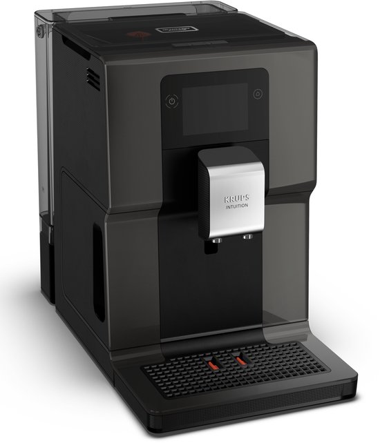 Zwarte Krups Intuition volautomaat met touchscreen en chroomkleurig handvat.
